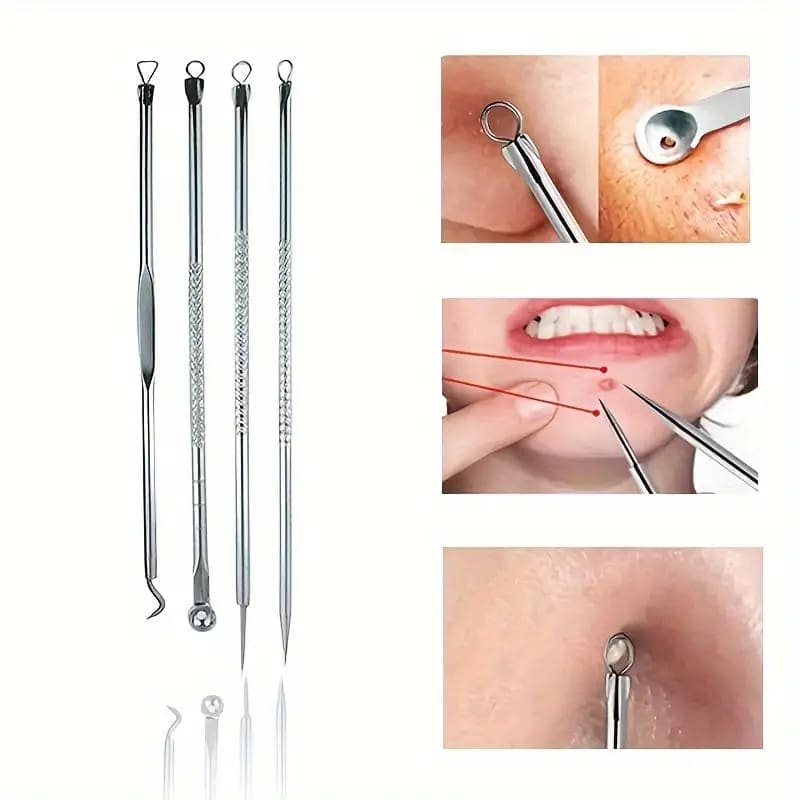 Set Of 4 Pimple Popper Needle, 4-In-1 Multifunctional Acne Needles, Blackhead Remover Tools, Spoon Face Skin Care Tools, Steel Blackhead Removal Kit, Women Beauty Acne Treatment Pore Cleanser Needle Hook, Comedone Extractor Remover Set for All Skin Types Set Of 4 Pimple Popper Needle, 4-In-1 Multifunctional Acne Needles, Blackhead Remover Tools, Spoon Face Skin Care Tools, Steel Blackhead Removal Kit, Women Beauty Acne Treatment Pore Cleanser Needle Hook, Comedone Extractor Remover Set for All Skin Types